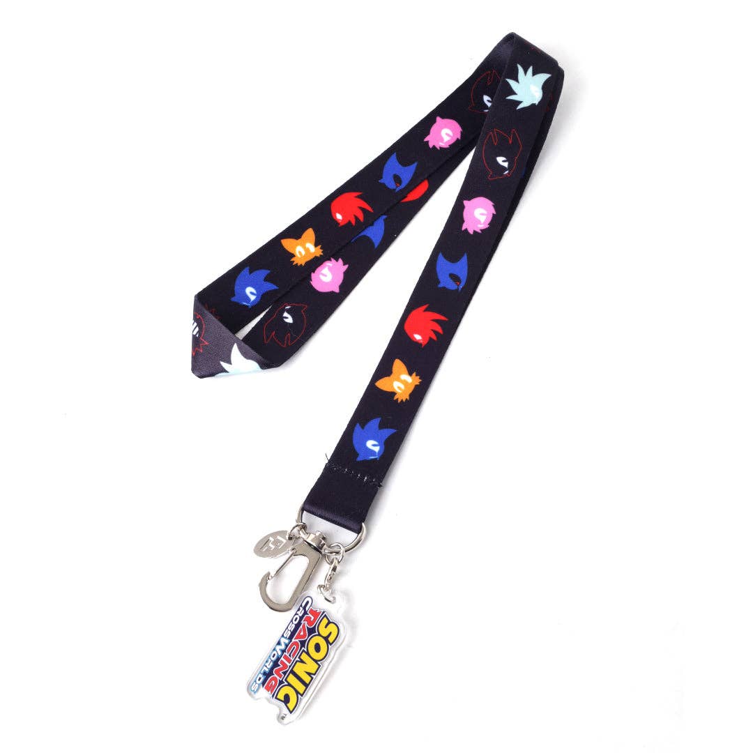 Lanyard with colorful Sonic the Hedgehog characters designs on a black background, featuring a logo at the bottom.