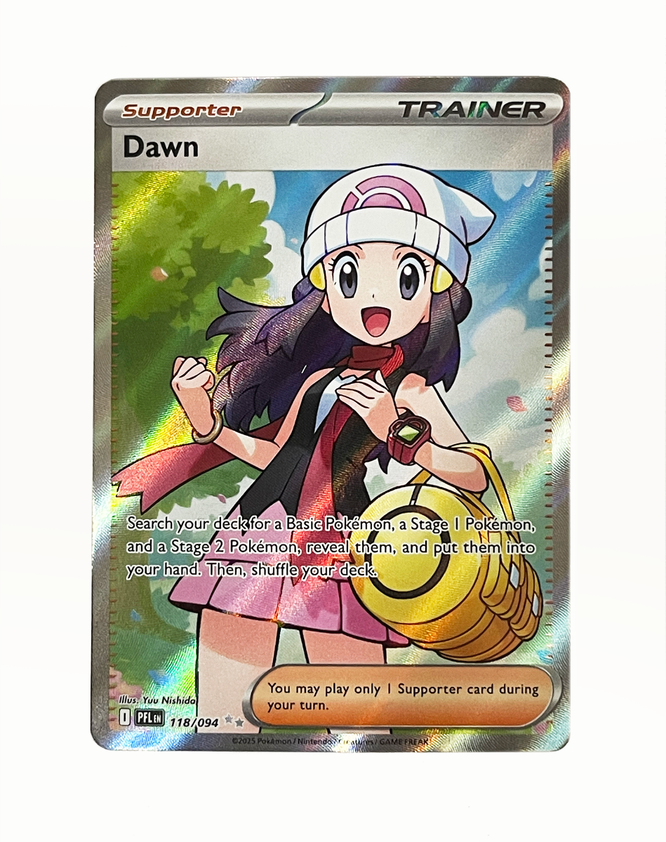 Pokémon trading card featuring a character named Dawn with a trainer backpack.