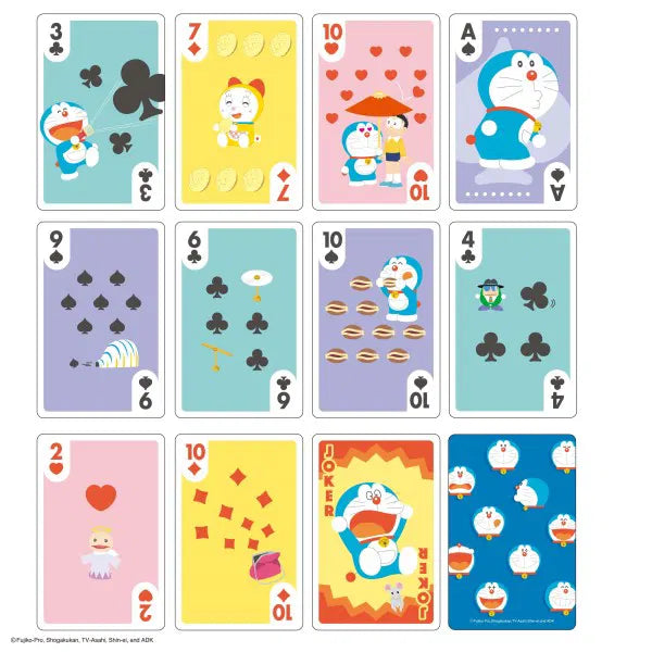 Set of playing cards with Doraemon characters on a white background