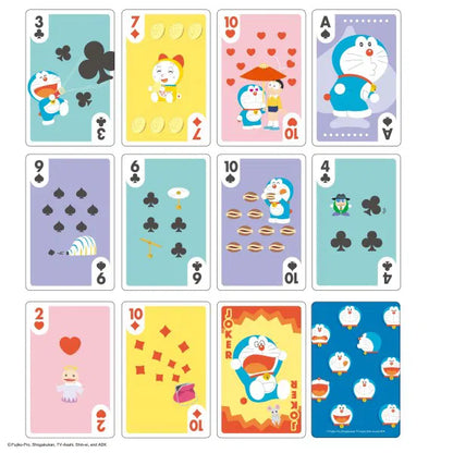 Set of playing cards with Doraemon characters on a white background