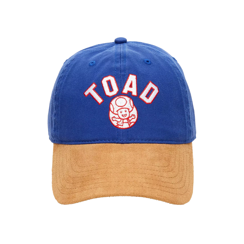 Blue and brown cap with Nintendo Super Mario Bros. Toad logo on a white background