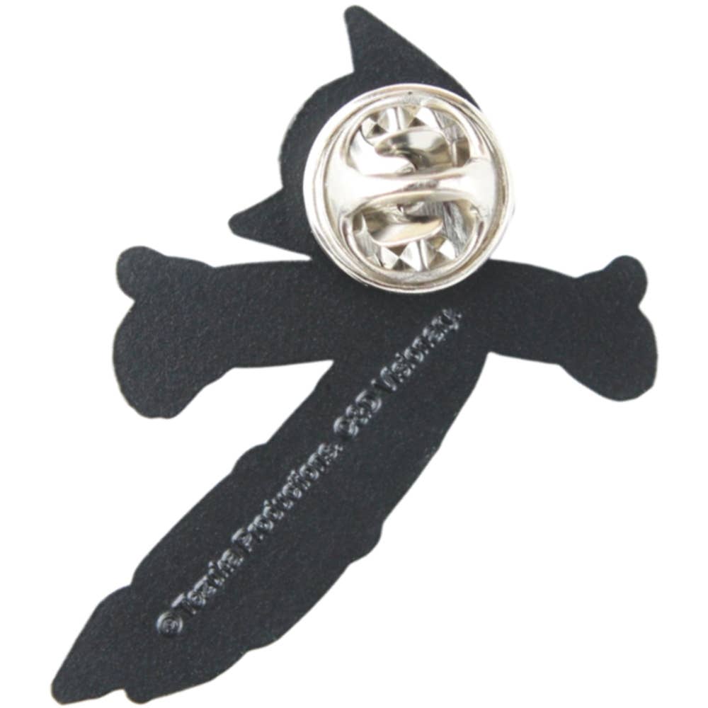 A black cross-shaped lapel pin with a silver-tone metal clutch backing, shown on a plain white background.