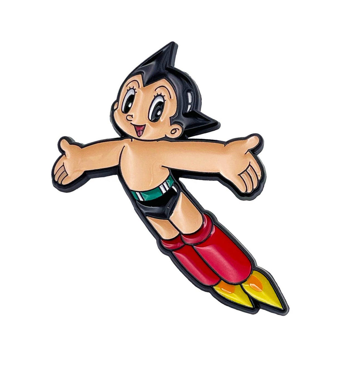 An Astro Boy enamel pin featuring the classic cartoon character in a flying pose, with black hair, a green belt, red boots, and yellow shoes, isolated on a white background.