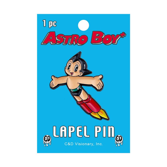 Astro Boy lapel pin on its original blue backing card, featuring the character Astro Boy in his classic red boots and black hair, with 'ASTRO BOY' and 'LAPEL PIN' printed on the card.