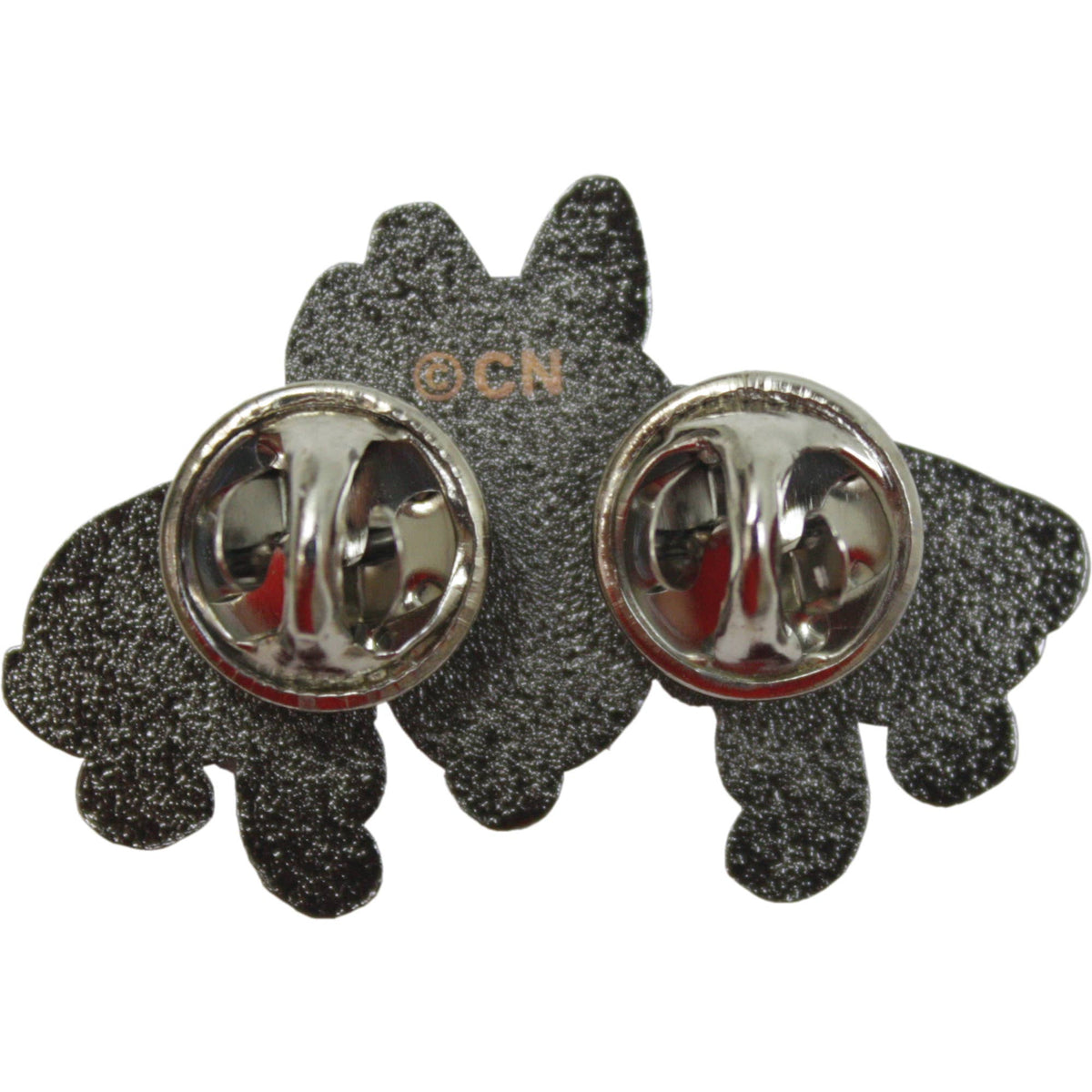 A pair of round stud earrings with shiny silver-toned metal backs and clear stones, mounted on a black glittery butterfly-shaped backing card.