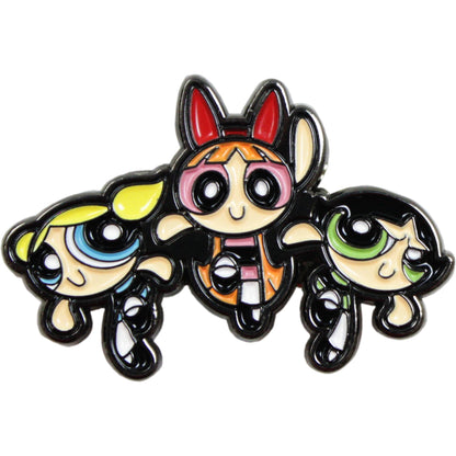 A cartoon enamel pin featuring the Powerpuff Girls with their signature colorful hair and black outlines, set against a plain white background.