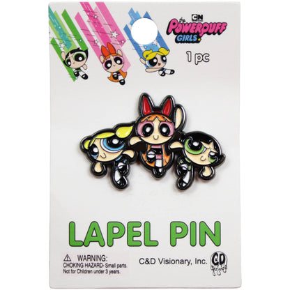 Powerpuff Girls lapel pin on its original retail backing card. The pin features the three cartoon characters with black outlines and colorful eyes, set against a white card with 'LAPEL PIN' printed in green and C&D Visionary branding.