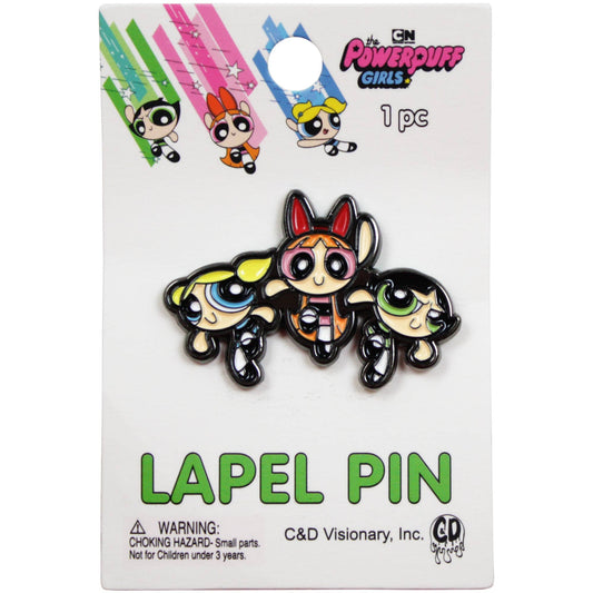 Powerpuff Girls lapel pin on its original retail backing card. The pin features the three cartoon characters with black outlines and colorful eyes, set against a white card with 'LAPEL PIN' printed in green and C&D Visionary branding.