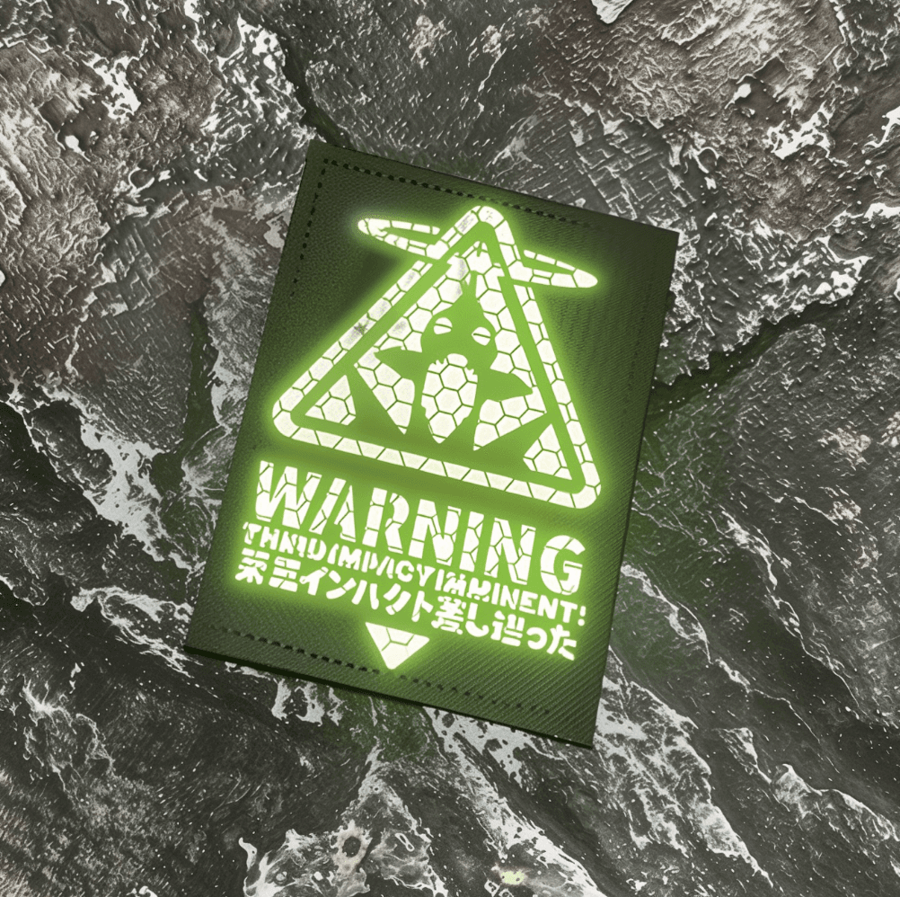 Black patch with green Evangelion Third Impact Reflective Hook & Loop Patch warning symbol and text on a white background