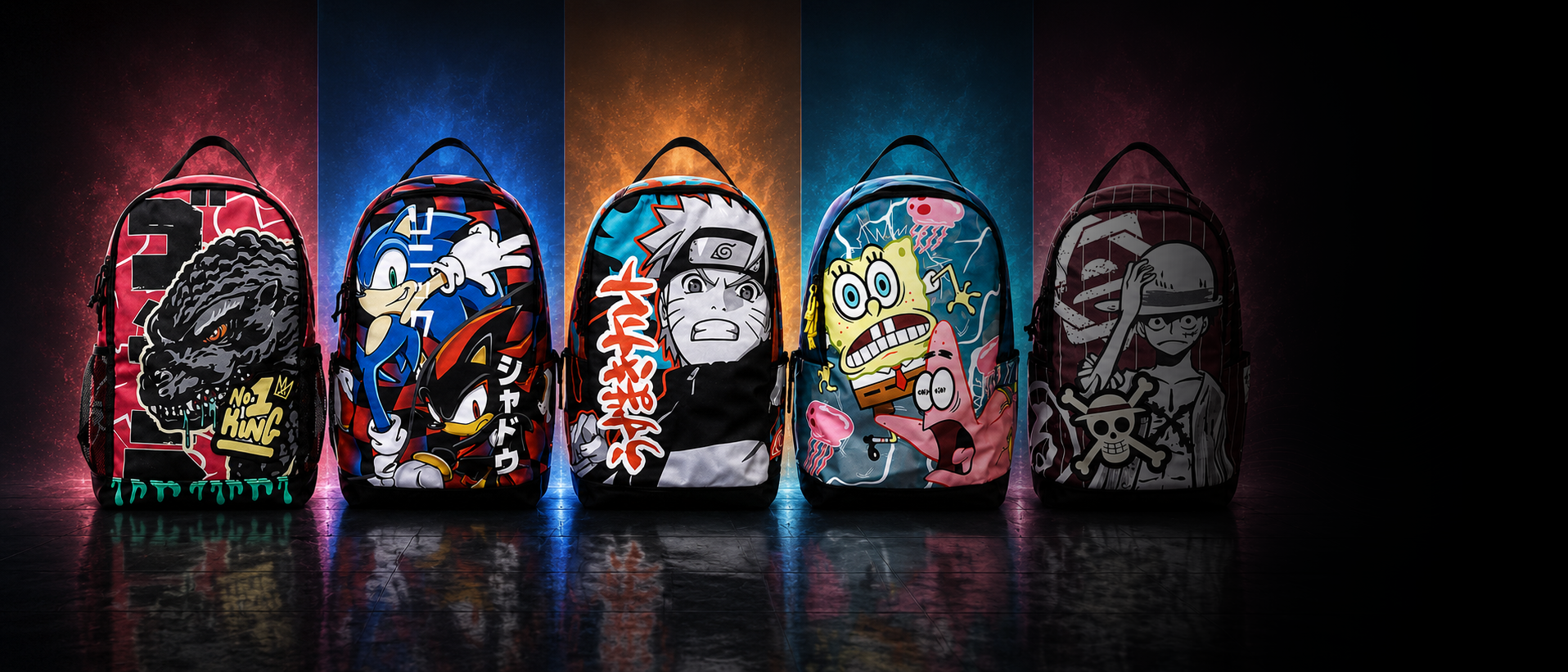 Five colorful backpacks with various designs on a dark background