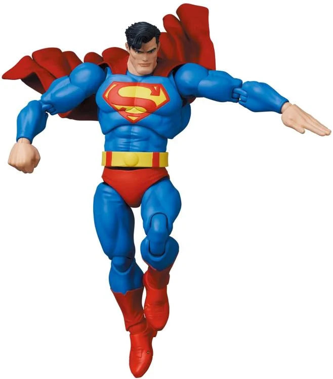 Superman action figure with blue suit, red cape, and yellow belt on a white background. MAFEX No.161 Superman Batman: The Dark Knight Returns available at chimploot.com