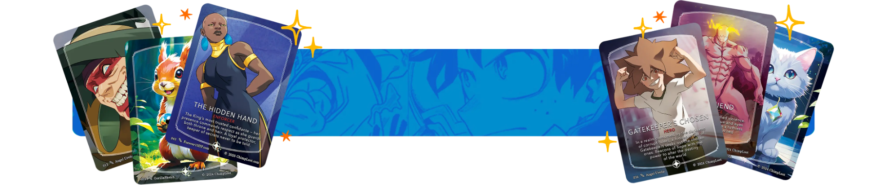 Collection of trading cards featuring animated characters on a blue banner background