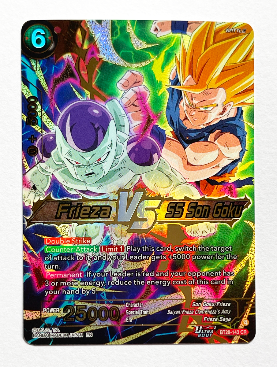 Trading card featuring Frieza vs SS Son Goku with vibrant colors and character designs.