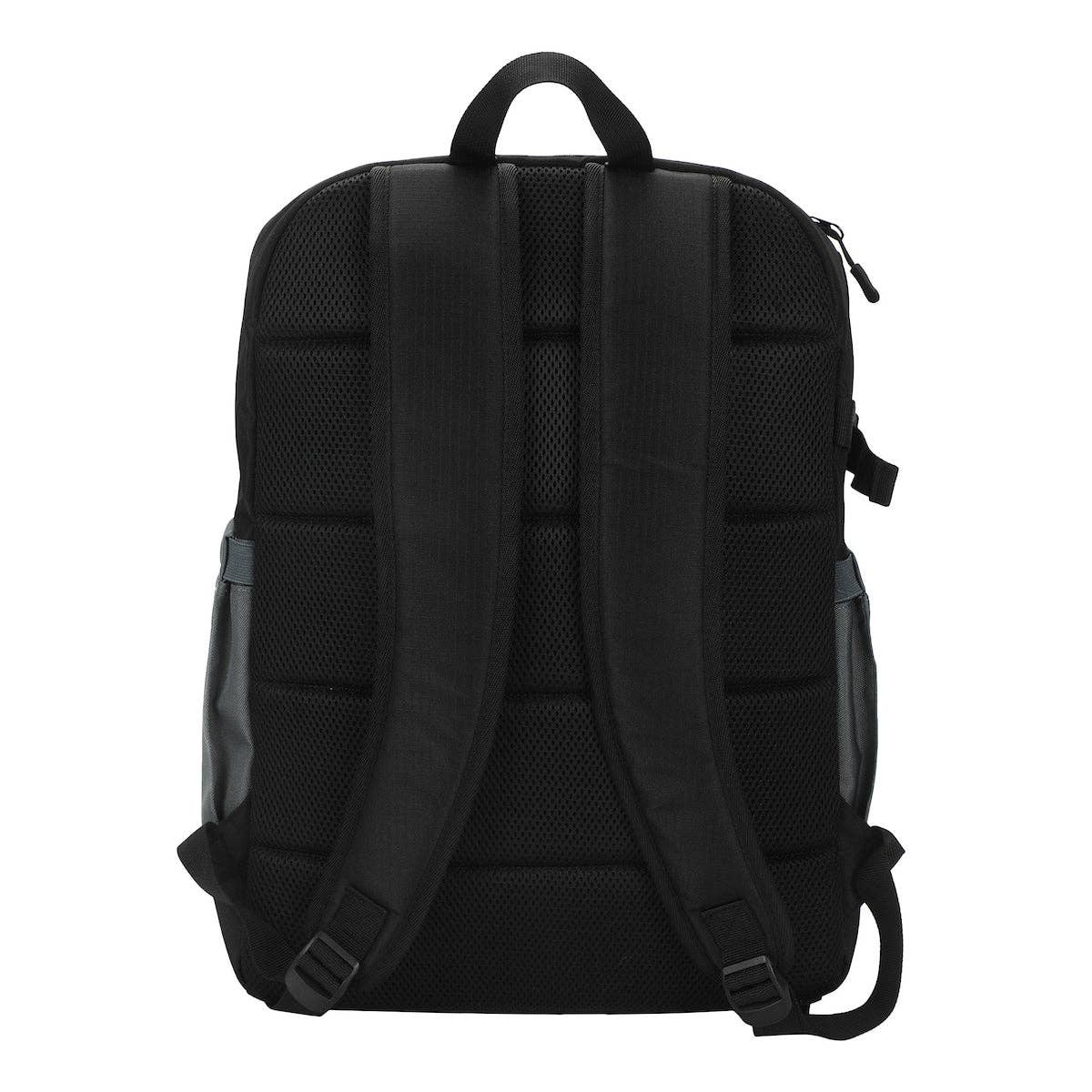 Black backpack shown from the back on a white background