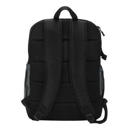 Black backpack shown from the back on a white background