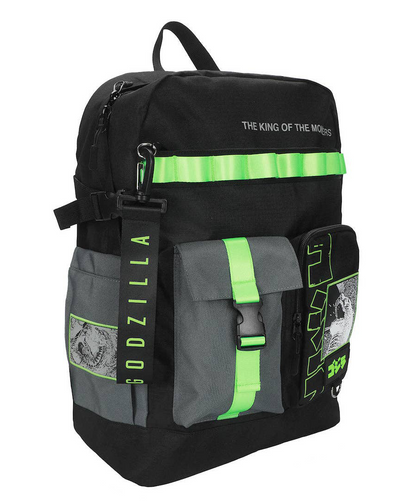 A black and gray backpack with bright neon green accents, featuring Godzilla-themed graphics, a vertical 'GODZILLA' strap, and reflective green stripes on a white background.