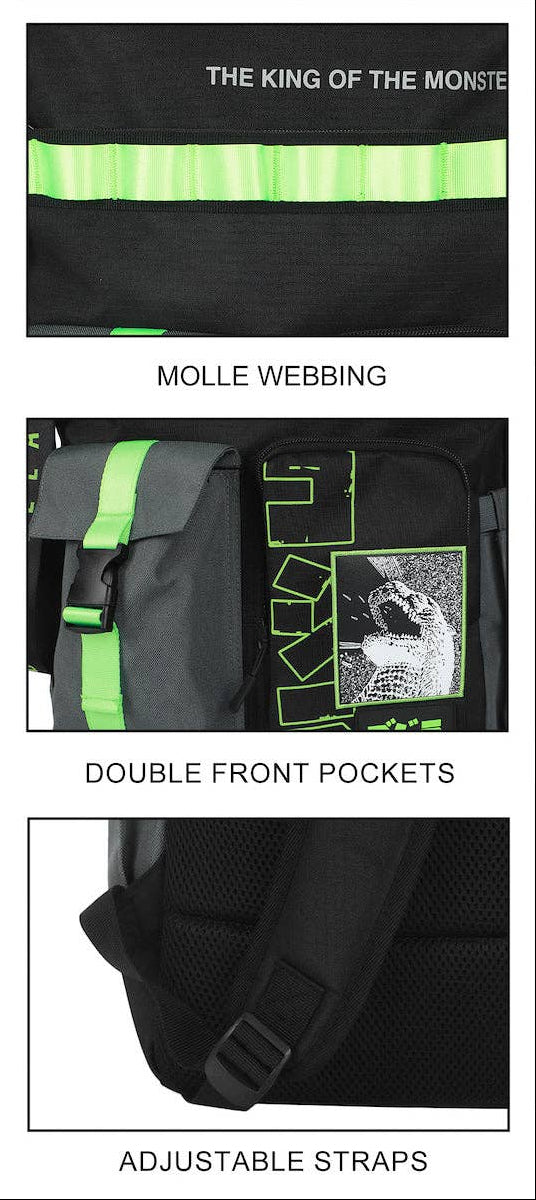A black Godzilla backpack with bright neon green reflective stripes, a vertical green-and-black strap, and a front pocket featuring a graphic print and green text, shown on a plain white background.