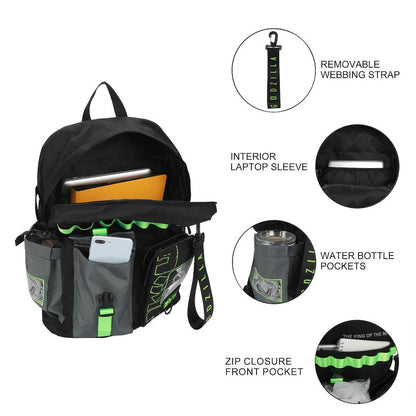 A black Godzilla backpack with bright neon green reflective stripes, a vertical green-and-black strap, and a front pocket featuring a graphic print and green text, shown on a plain white background.