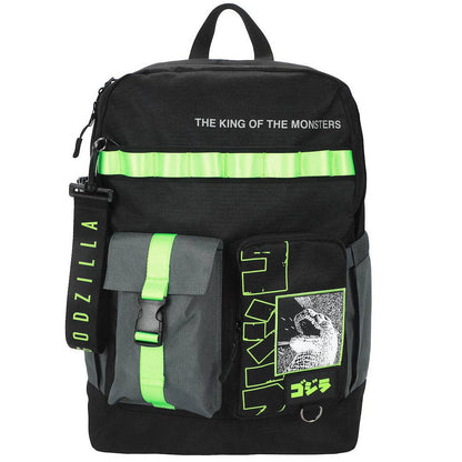 A black Godzilla backpack with bright neon green reflective stripes, a vertical green-and-black strap, and a front pocket featuring a graphic print and green text, shown on a plain white background.