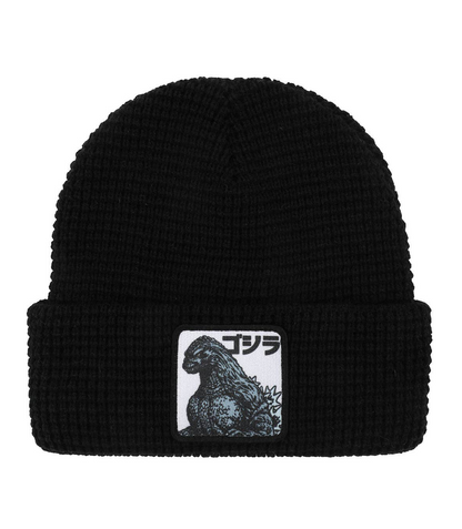 Black beanie with Godzilla logo on a white background