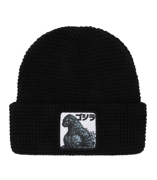 Black beanie with Godzilla logo on a white background