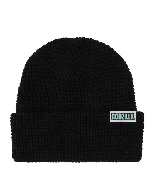A black ribbed knit beanie hat featuring a white rectangular patch on the folded cuff with the word 'GODZILLA' in green.