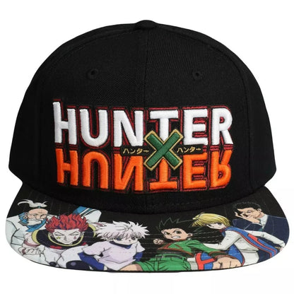 Black cap with 'Hunter x Hunter' logo and character designs on a white background