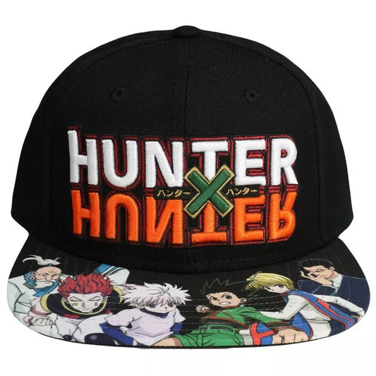 Black cap with 'Hunter x Hunter' logo and character designs on a white background