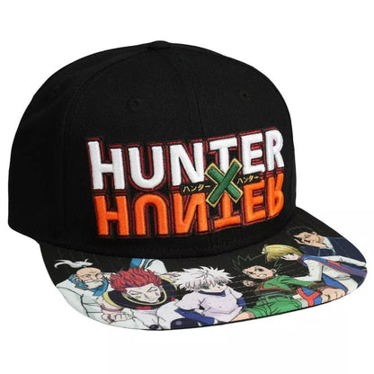 A black snapback cap featuring the 'Hunter x Hunter' logo embroidered on the front in white and orange with a green X, and a colorful anime character print on the flat brim.