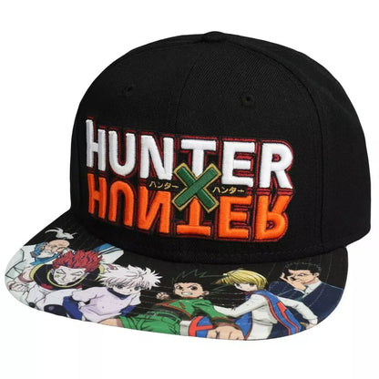 A black snapback cap featuring the 'Hunter x Hunter' logo embroidered on the front in white and orange with a green X, and a printed anime character illustration on the flat brim.