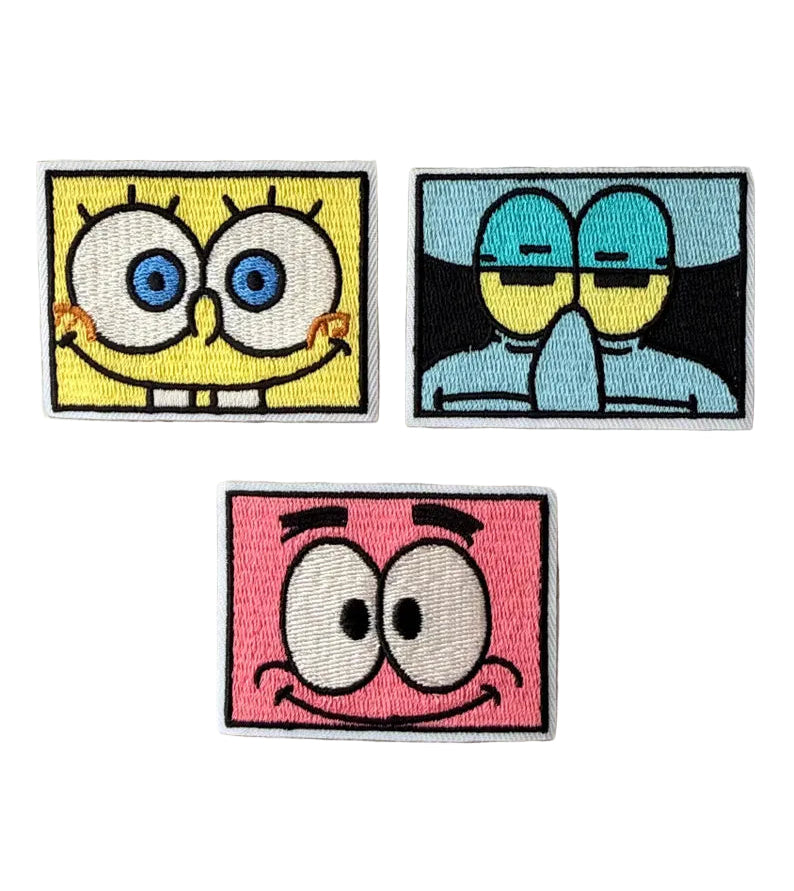 Three cartoon character patches featurinng spongebob squarepants, patrick star and squidward, on a white background