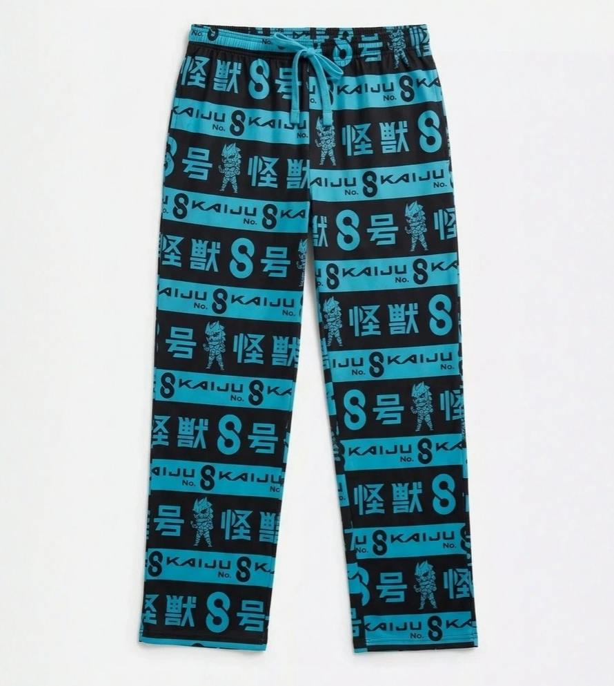 Kaiju No. 8 Chibi Kaiju Stripe Lounge Pants with blue and black pattern on a white background