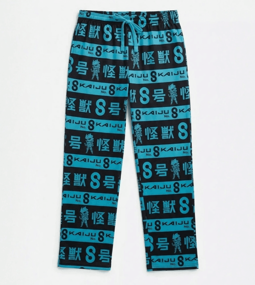 Kaiju No. 8 Chibi Kaiju Stripe Lounge Pants with blue and black pattern on a white background