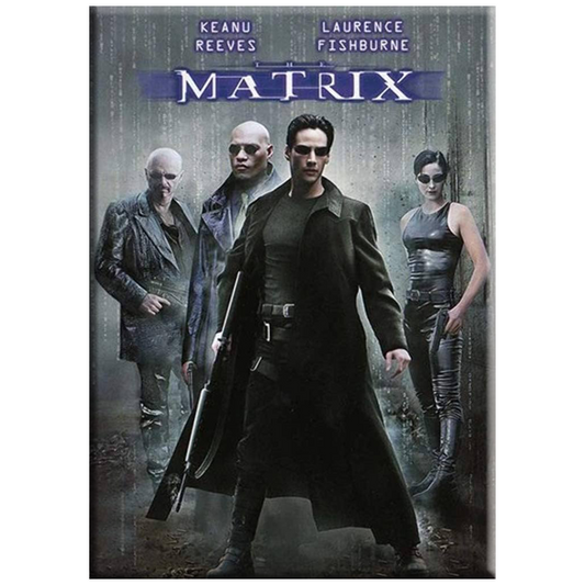 A rectangular Matrix movie poster or print featuring Keanu Reeves, Laurence Fishburne, and Carrie Lee in a dark rainy scene, with the title MATRIX across the top.