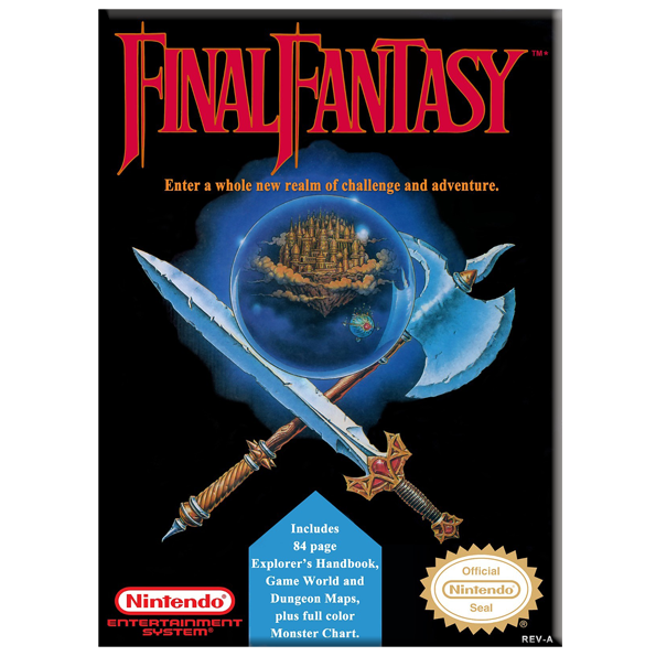 Nintendo Entertainment System Final Fantasy game cartridge packaging shown against a black background, featuring the red Final Fantasy title, crossed swords, a blue crystal ball with a fantasy island, and Nintendo and Original Nintendo Seal logos.