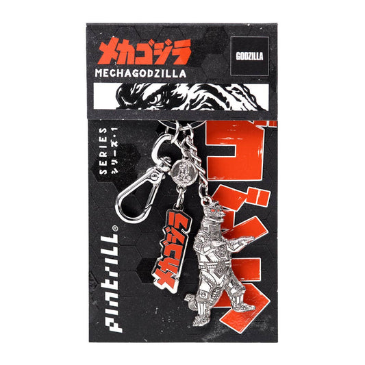 Godzilla Mechagodzilla Series 3 Key Set by Pintrill, featuring a silver metal Mechagodzilla keychain with a carabiner on its original black and red packaging.