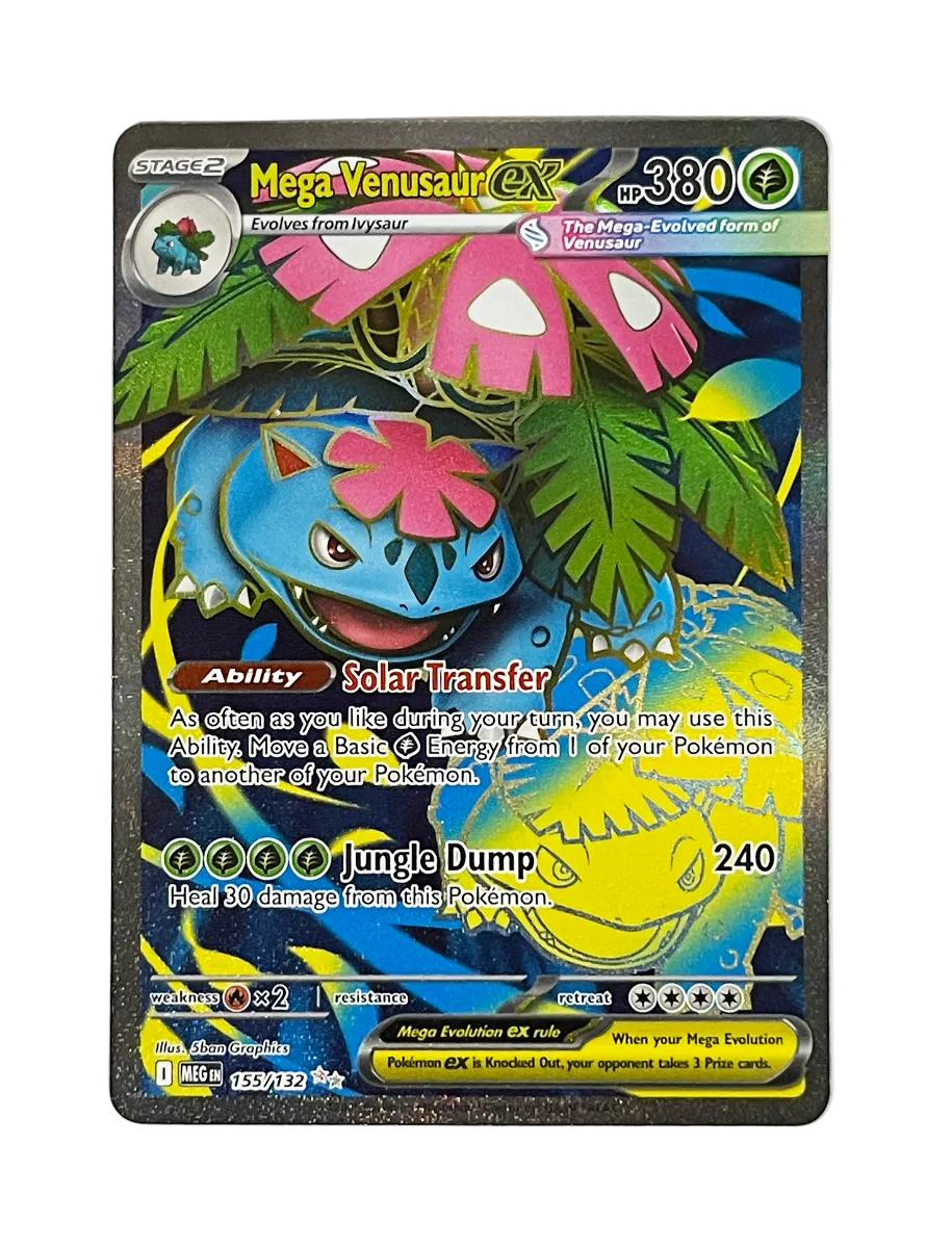 Mega Venusaur EX trading card with colorful design on a white background