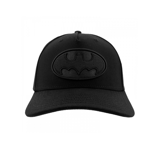 A black baseball cap featuring an embossed Batman logo on the front, presented against a solid white background.