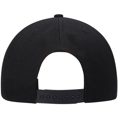 Rear view of a black snapback cap on a solid white background, showing the fabric texture and adjustable strap.