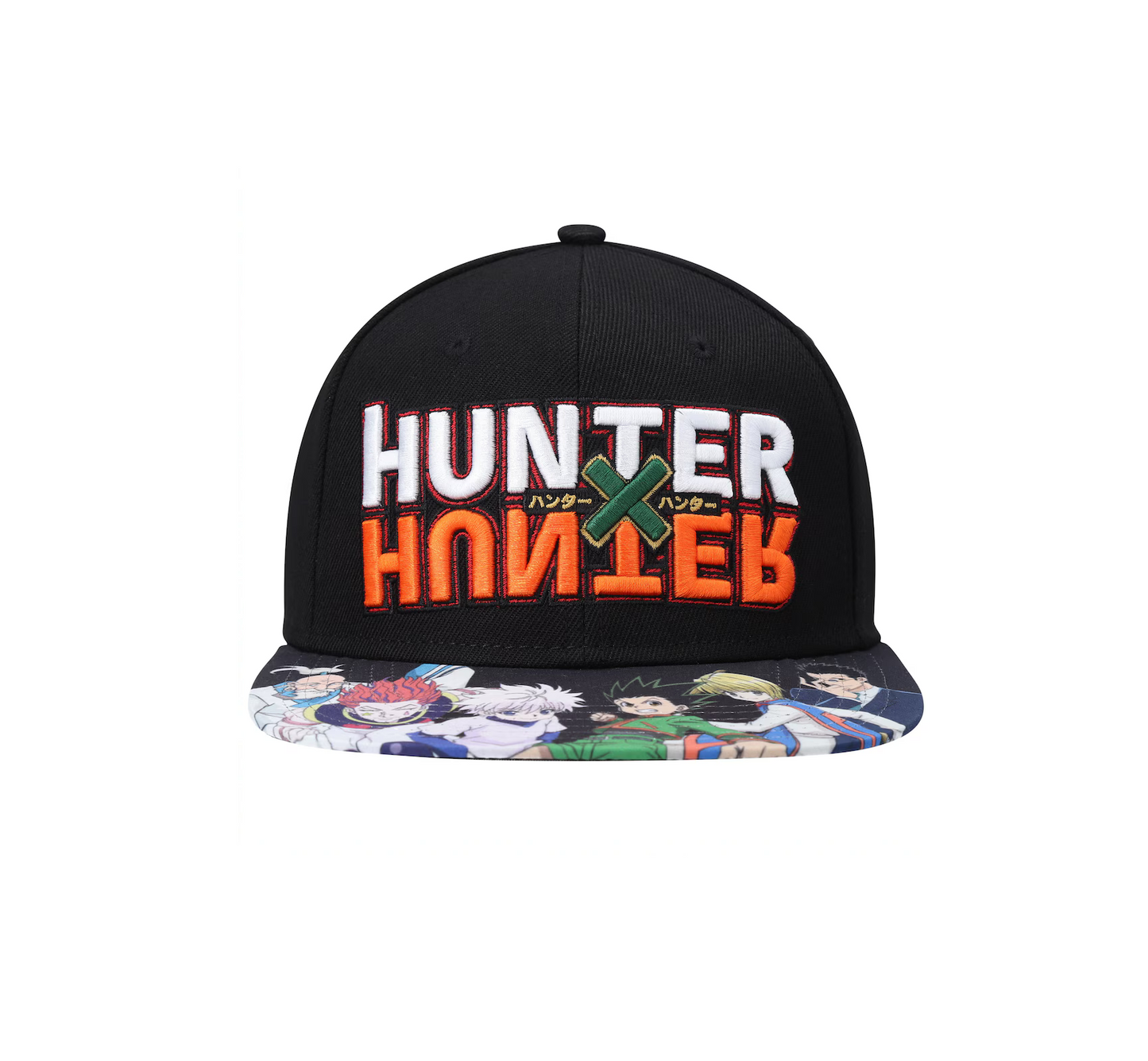 A black snapback cap featuring 'HUNTER x HUNTER' embroidered on the front in white and orange with a green X, and a colorful anime character print on the flat brim.