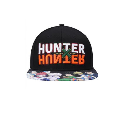 A black snapback cap featuring 'HUNTER x HUNTER' embroidered on the front in white and orange with a green X, and a colorful anime character print on the flat brim.