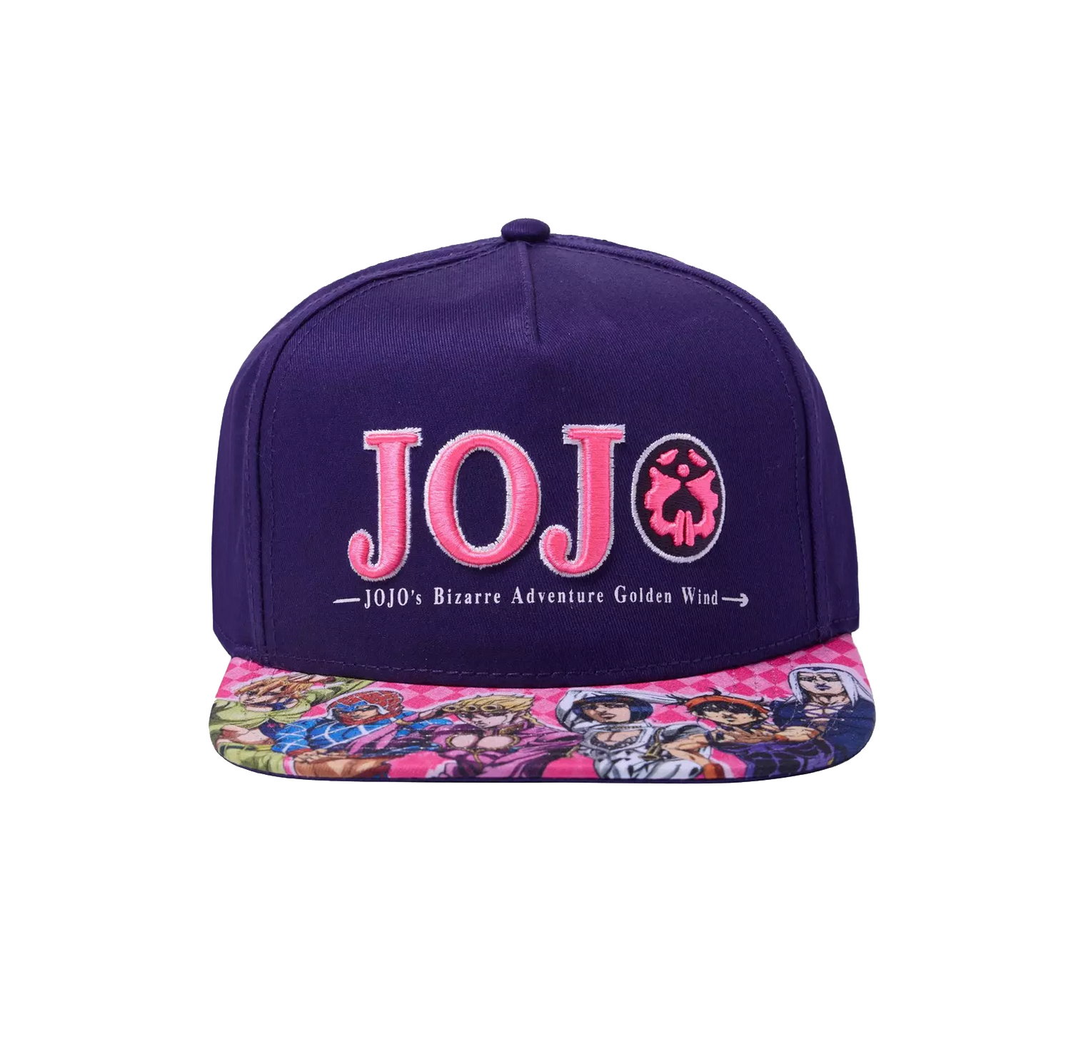 A snapback cap featuring JoJo's Bizarre Adventure Characters Snapback Hat embroidered in pink on the front, and a colorful anime character print on the brim.