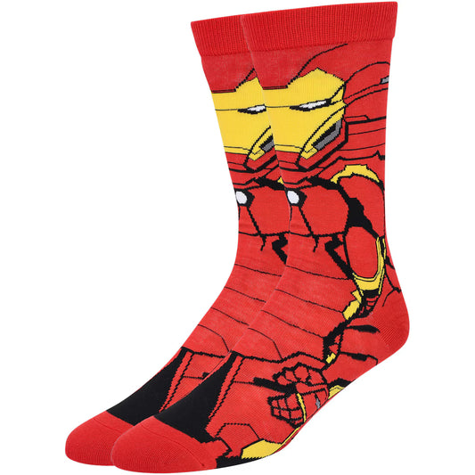 A pair of crew socks featuring a graphic print of Iron Man, with red, yellow, and black colors, shown against a plain white background.