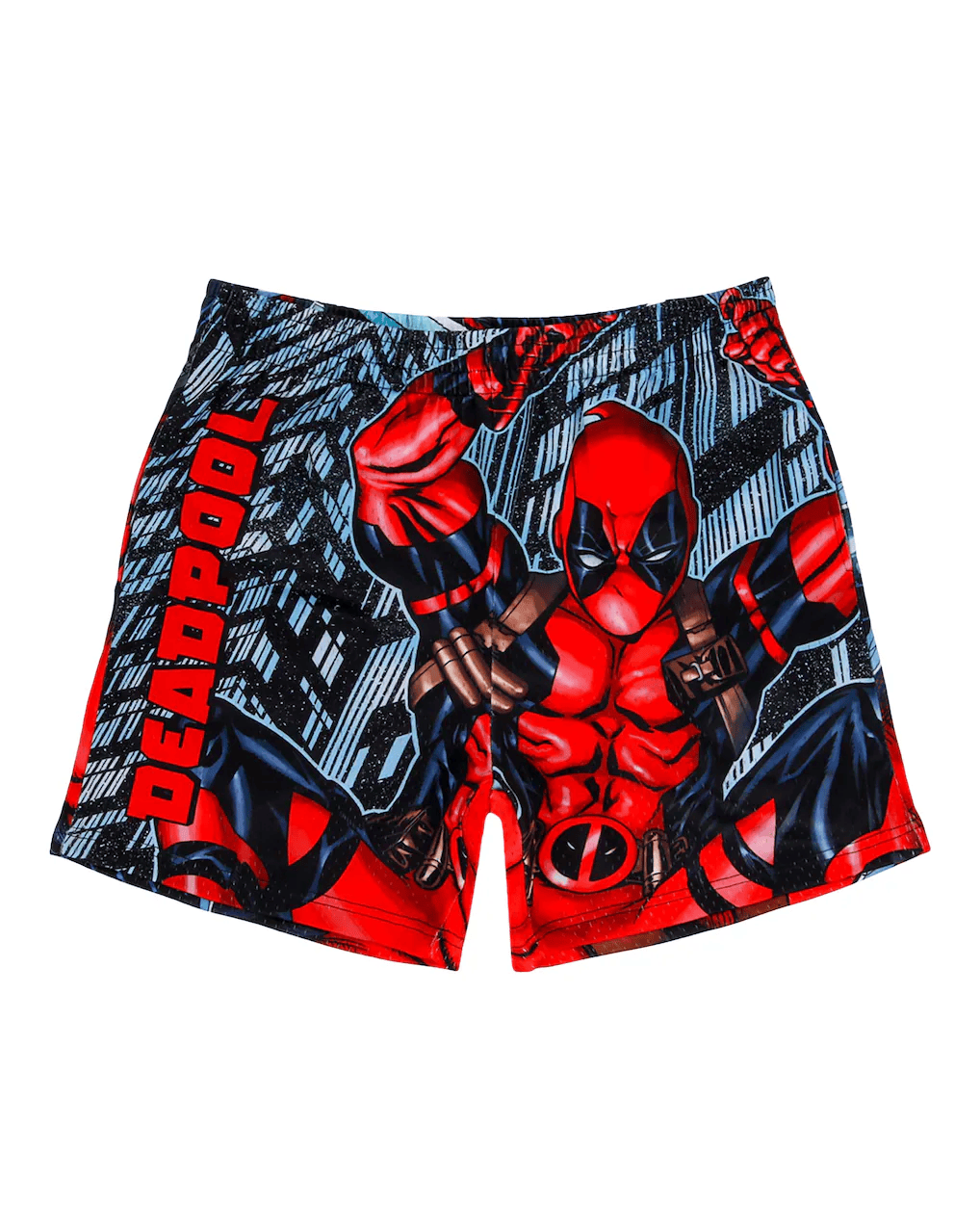 Deadpool-themed shorts on a white background