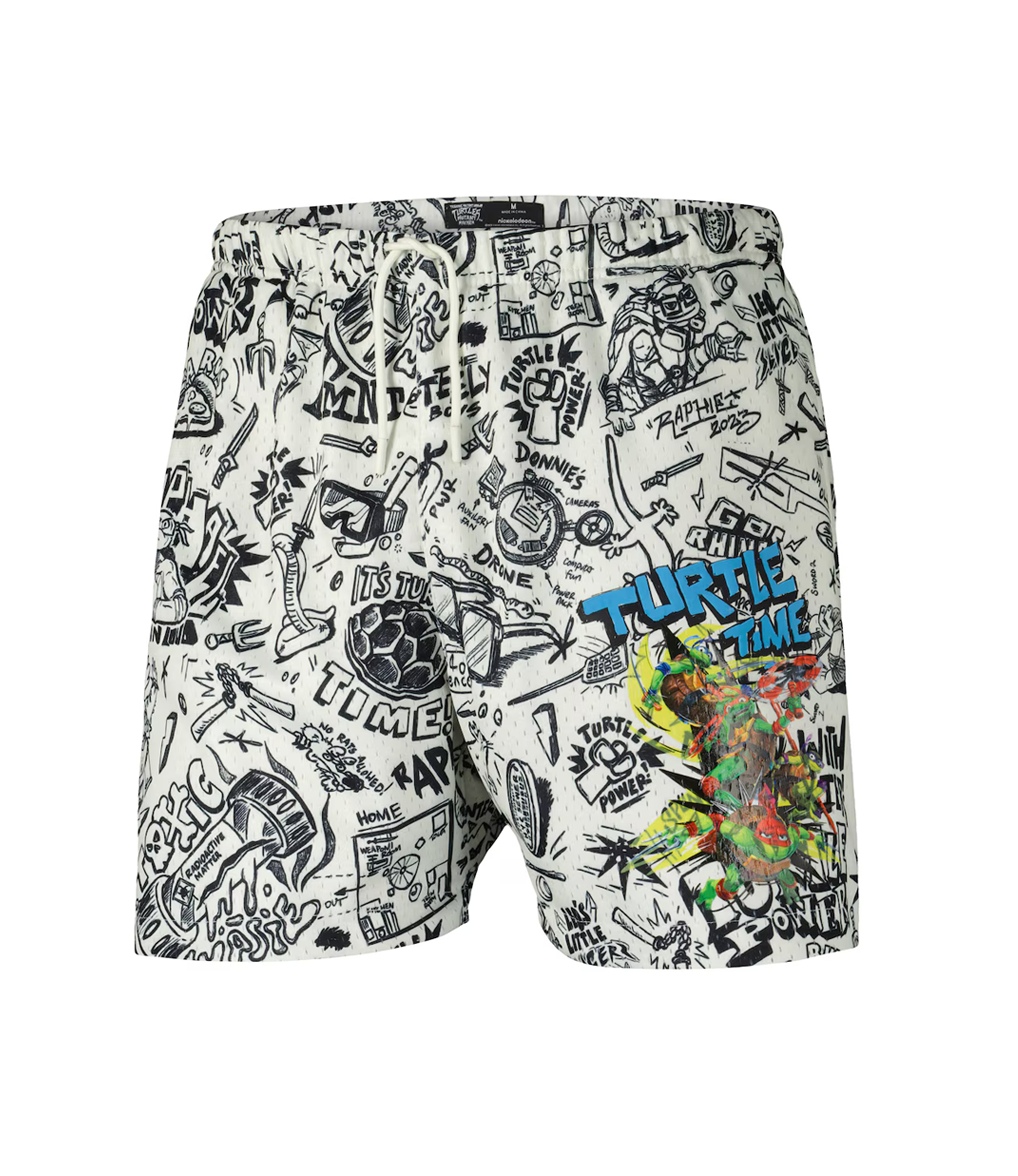 Shorts with a black and white Teenage Mutant Ninja Turtles - Turtle Time Mesh graphic design on mesh shorts and a white background