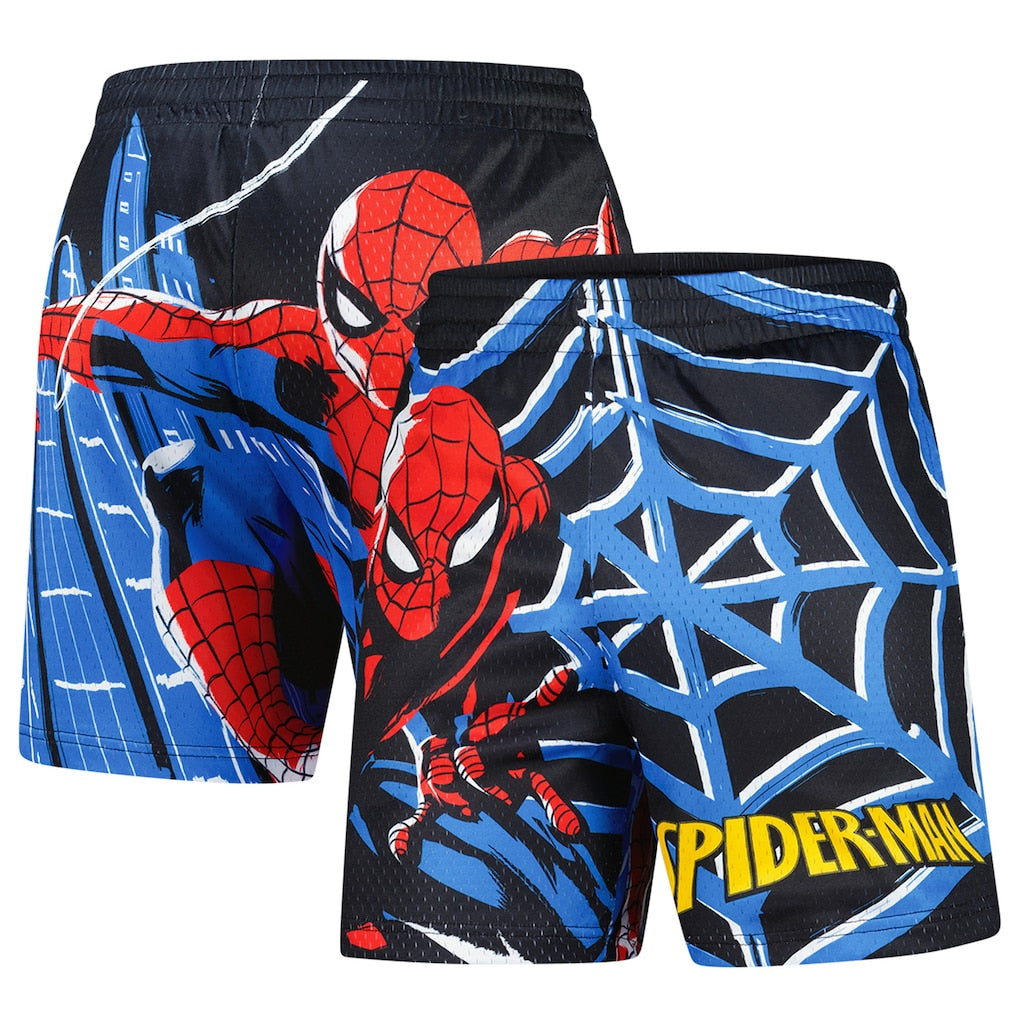Spider-Man themed shorts on a white background