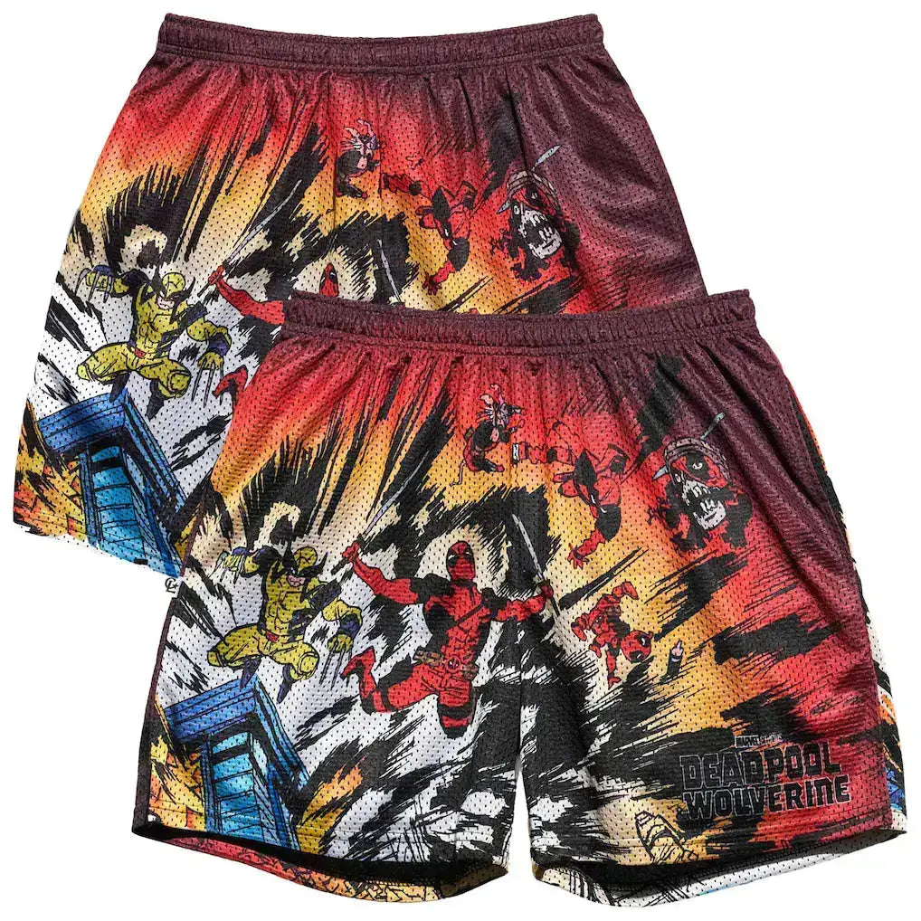 Comic-themed shorts with superhero design on a white background