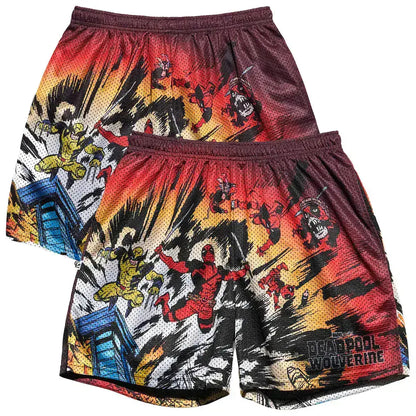 Comic-themed shorts with superhero design on a white background