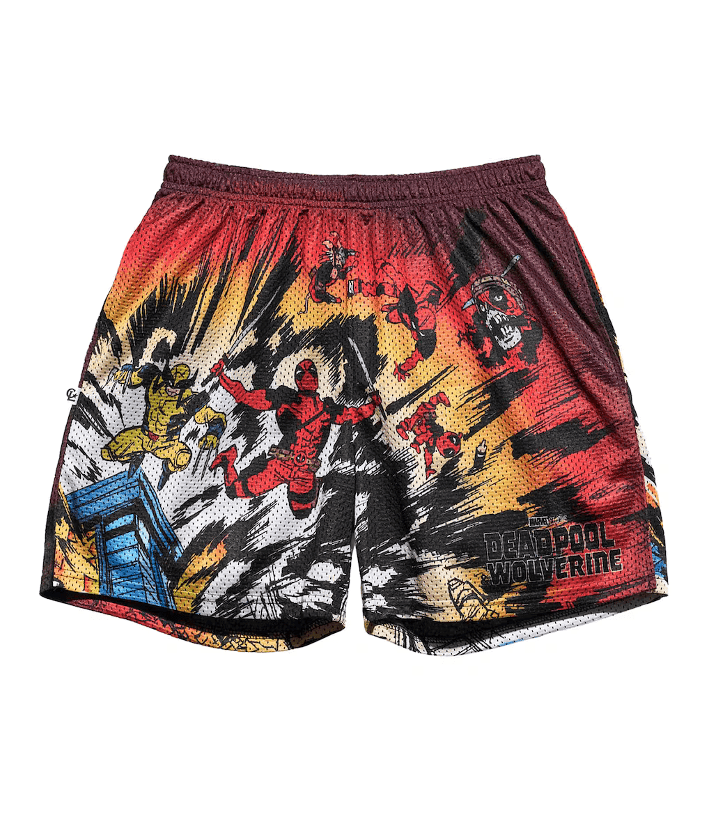 Colorful shorts with comic book-style graphics and 'Deadpool Wolverine' text on a white background