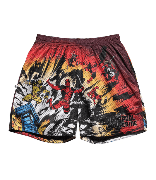 Colorful shorts with comic book-style graphics and 'Deadpool Wolverine' text on a white background